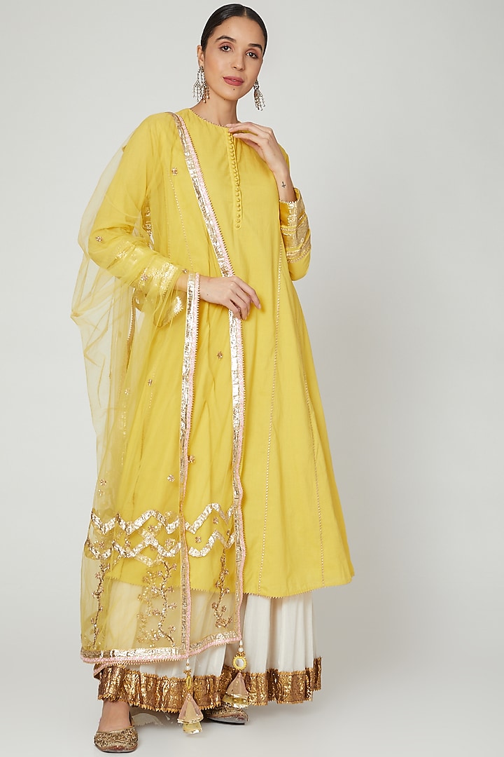 Yellow & White Embroidered Sharara Set  by Priyanka Singh