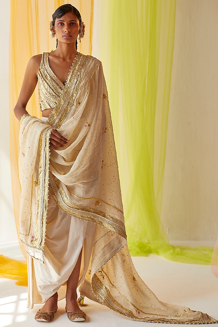 Ivory Cotton Draped Skirt Set by Priyanka Singh