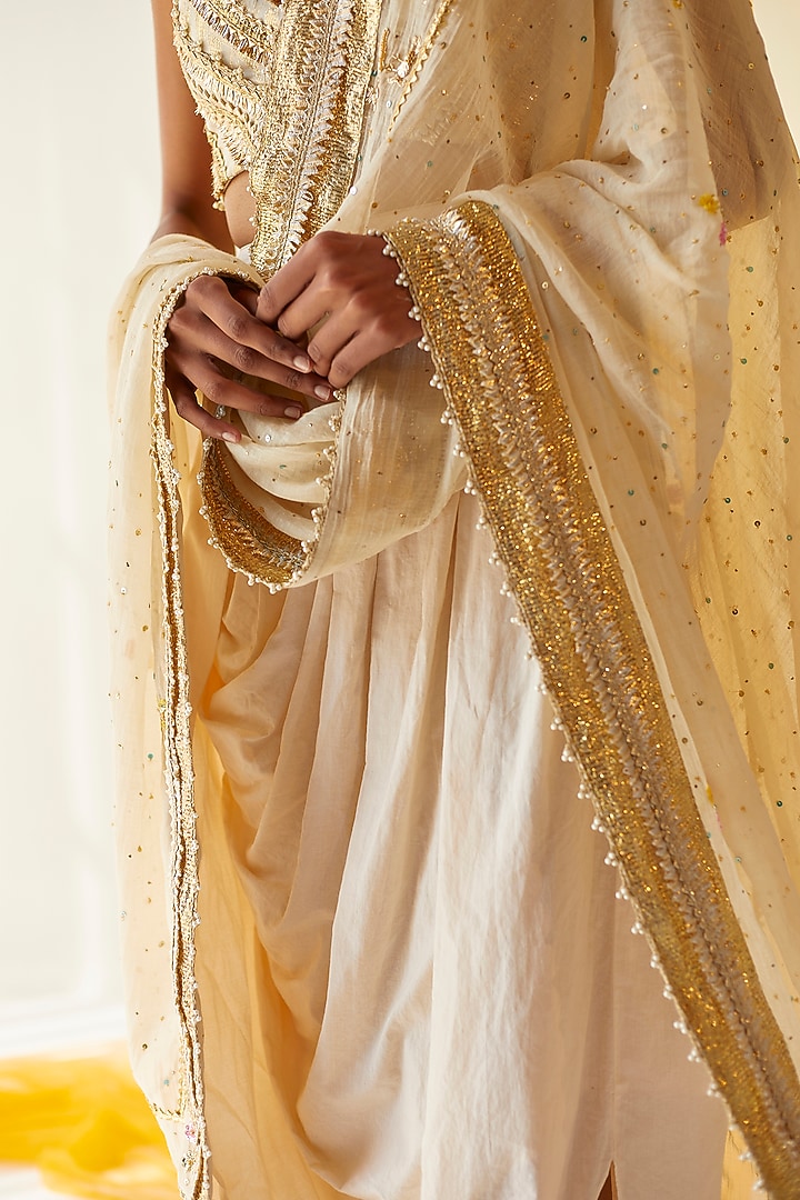 Ivory Cotton Draped Skirt Set by Priyanka Singh at Pernia's Pop Up Shop