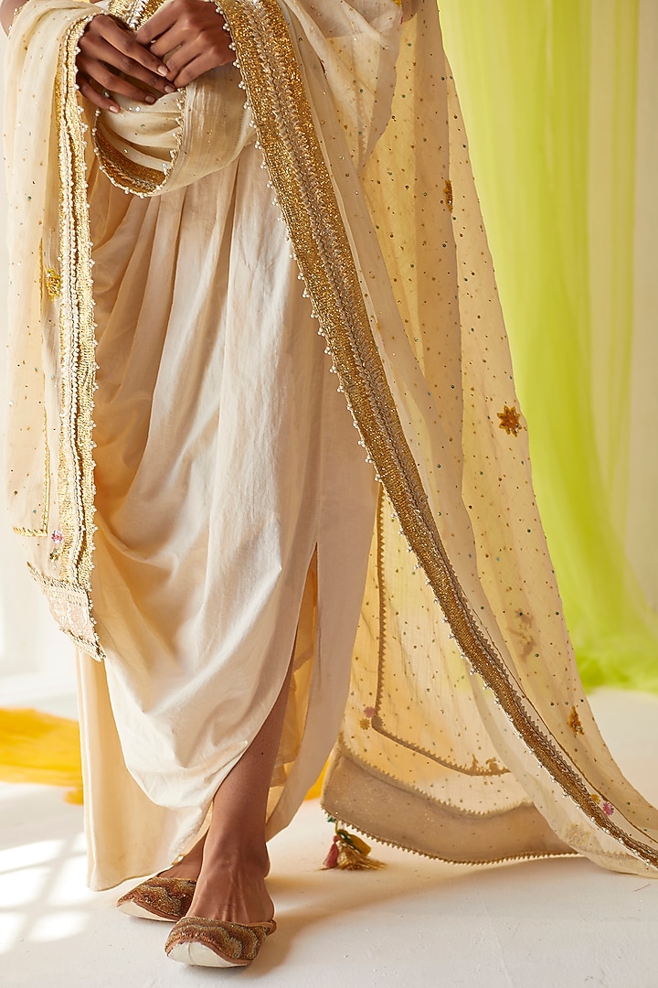Ivory Cotton Draped Skirt Set by Priyanka Singh at Pernia's Pop Up Shop