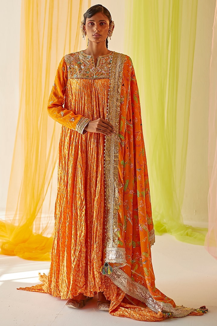 Orange Embroidered Kurta Set by Priyanka Singh