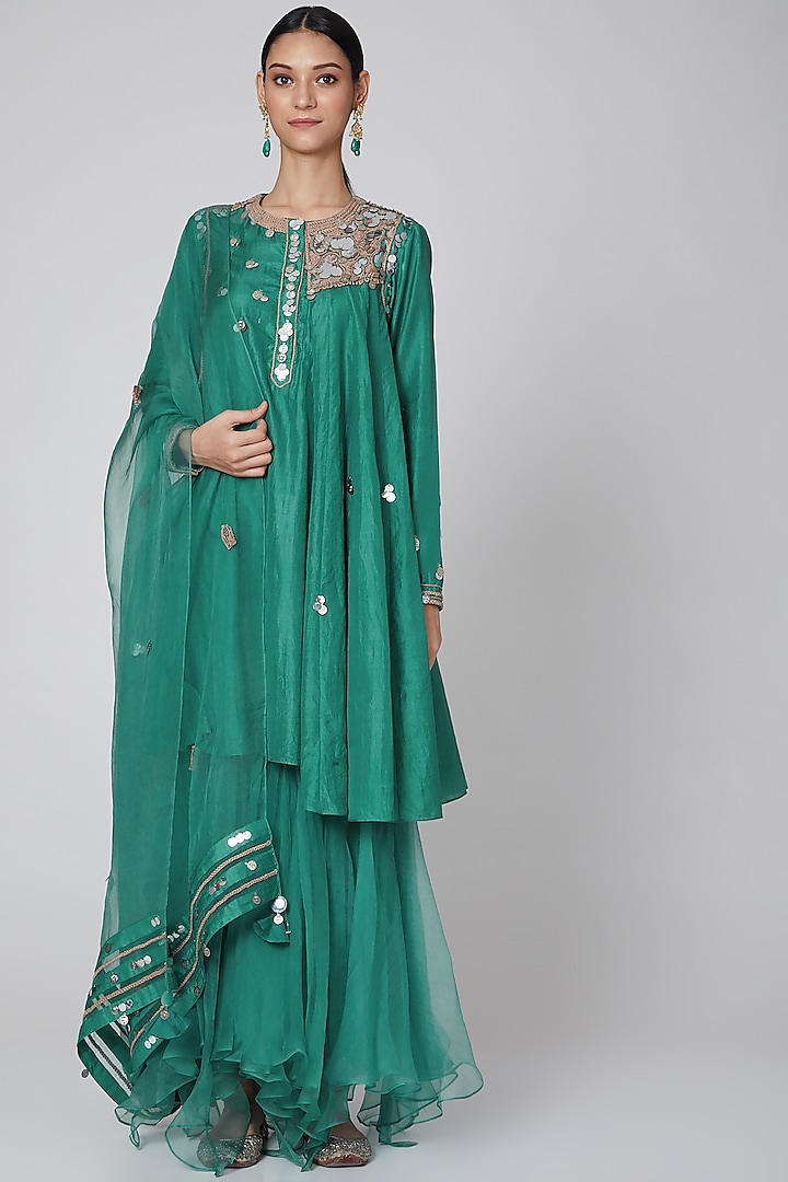 Green Silk & Organza Gharara Set by Priyanka Singh