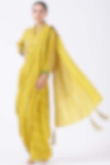 Dandelion Yellow Cotton Embroidered Draped Saree Set by Priyanka Singh
