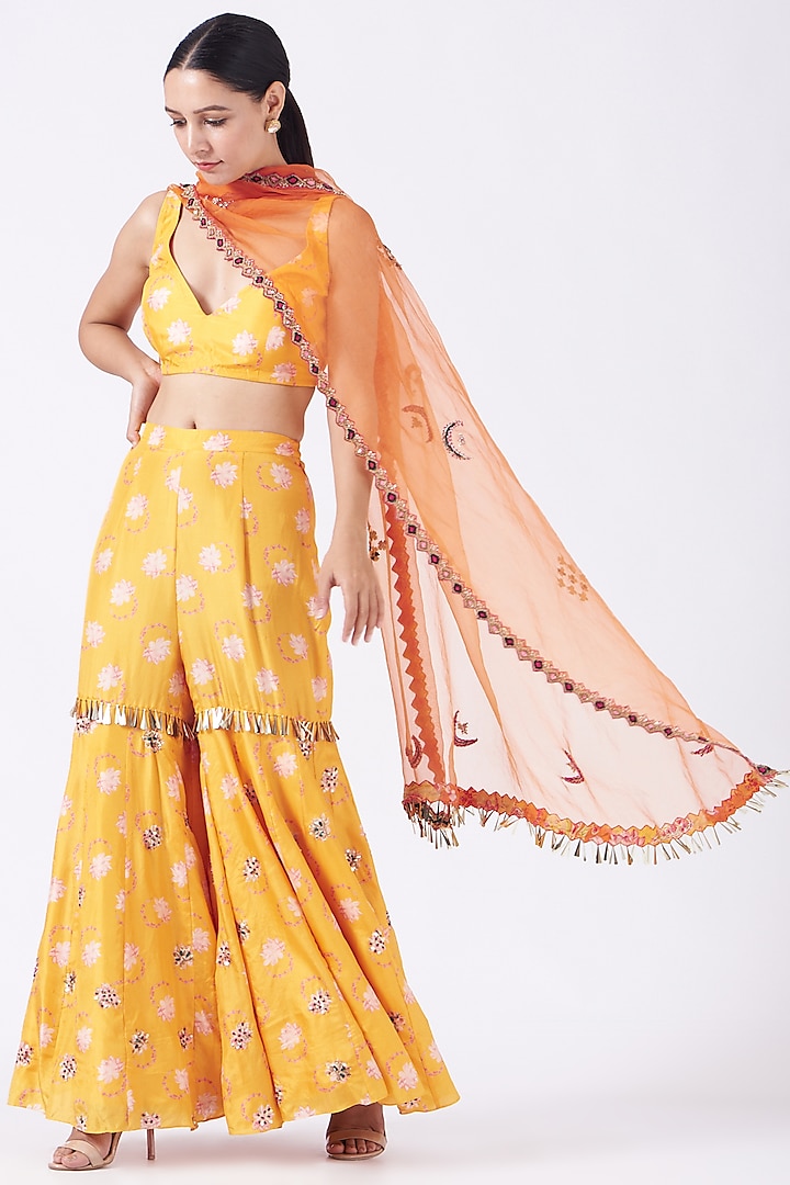 Citrus Yellow Embroidered Gharara Set by Priyanka Singh