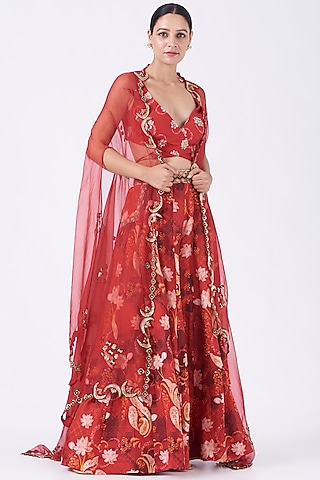 Brownish Red Silk Organza Cape Set by Priyanka Singh