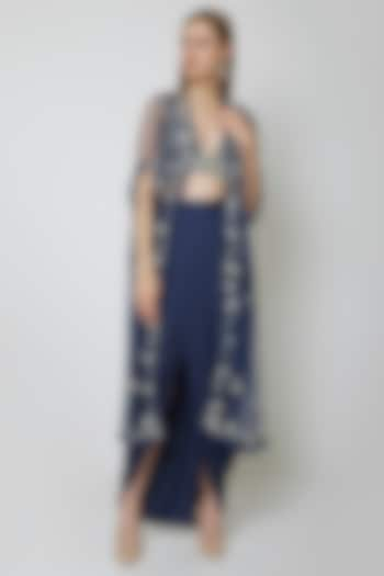 Cobalt Blue Embroidered Blouse With Dhoti & Cape by Preeti S Kapoor at Pernia's Pop Up Shop