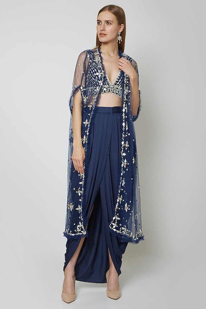 Cobalt Blue Embroidered Blouse With Dhoti & Cape by Preeti S Kapoor