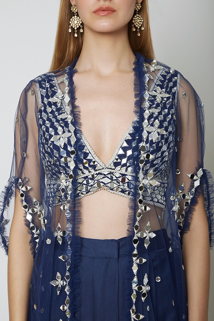 Cobalt Blue Embroidered Blouse With Dhoti & Cape by Preeti S Kapoor at Pernia's Pop Up Shop