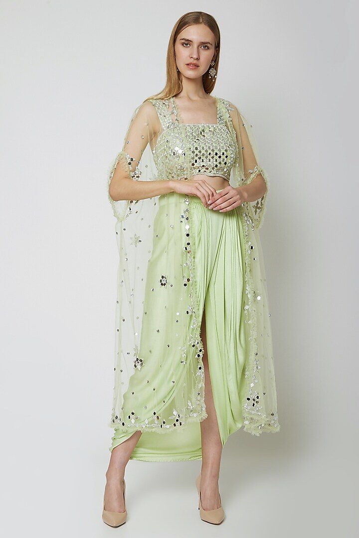Mint Green Embroidered Blouse With Dhoti & Cape by Preeti S Kapoor