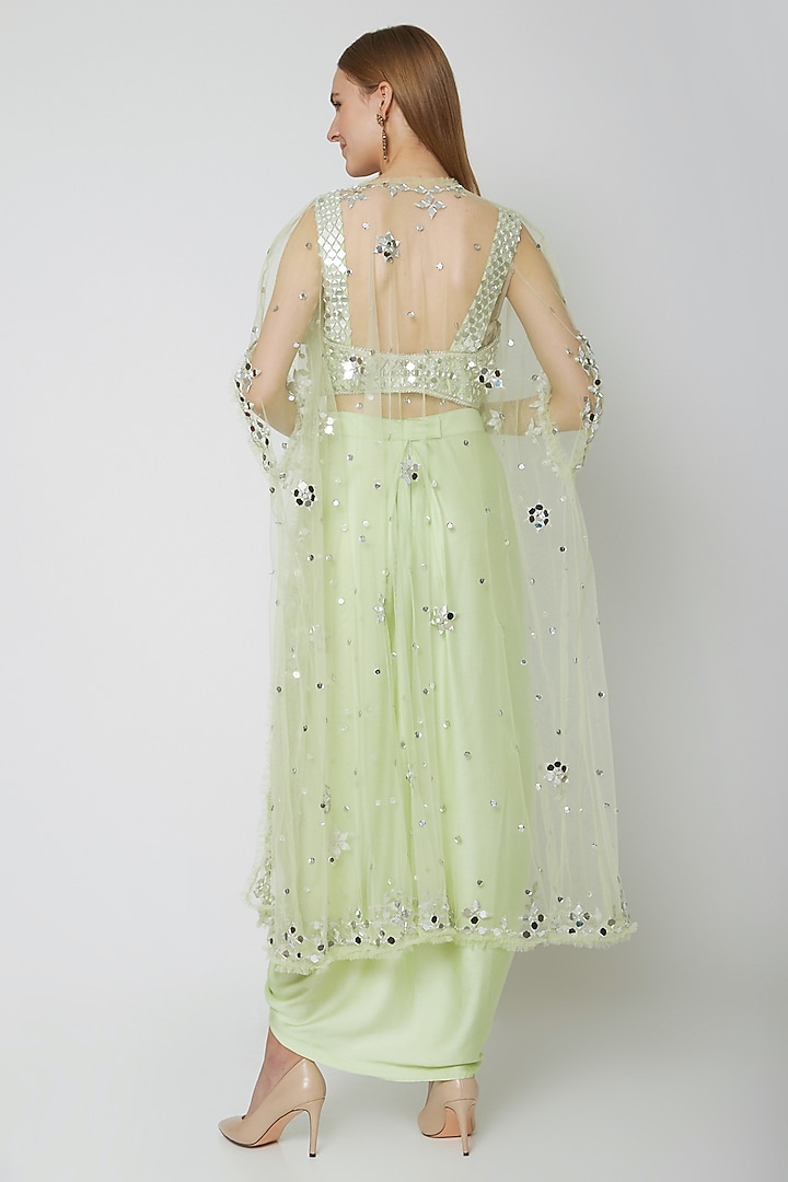 Mint Green Embroidered Blouse With Dhoti & Cape by Preeti S Kapoor at Pernia's Pop Up Shop