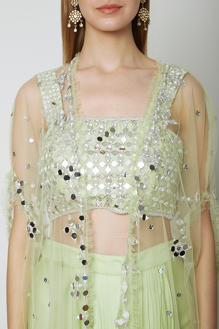 Mint Green Embroidered Blouse With Dhoti & Cape by Preeti S Kapoor at Pernia's Pop Up Shop