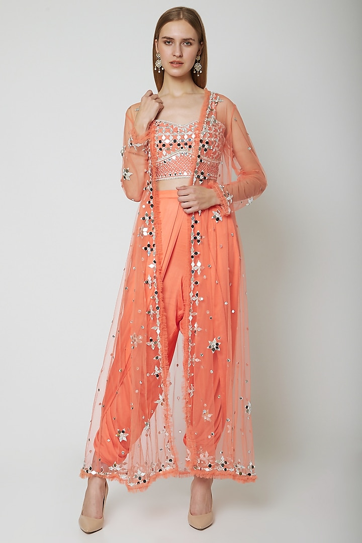 Peach Embroidered Blouse With Dhoti & Cape by Preeti S Kapoor