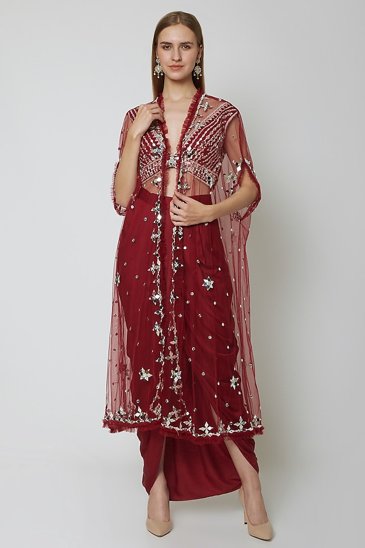 Wine Embroidered Blouse With Dhoti & Cape by Preeti S Kapoor