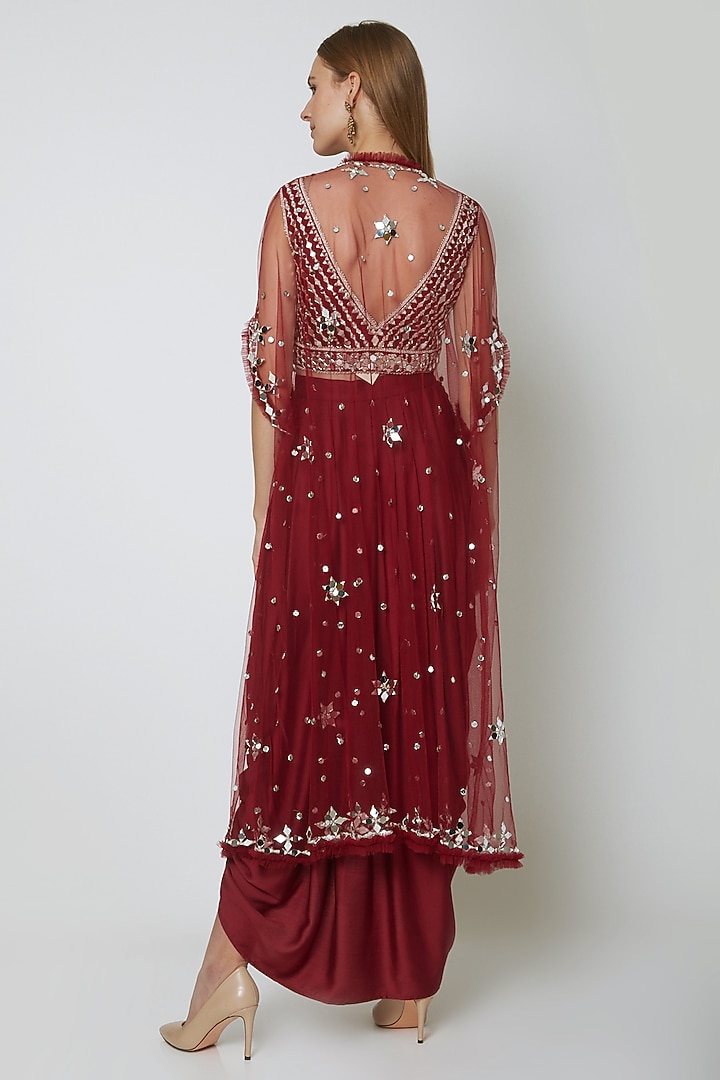 Wine Embroidered Blouse With Dhoti & Cape by Preeti S Kapoor at Pernia's Pop Up Shop