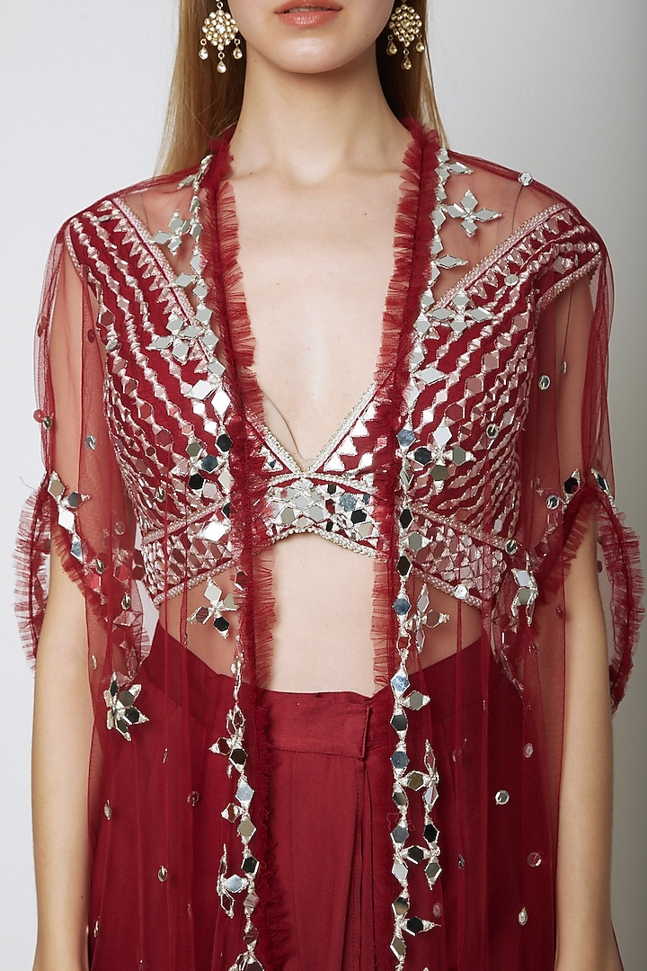 Wine Embroidered Blouse With Dhoti & Cape by Preeti S Kapoor at Pernia's Pop Up Shop