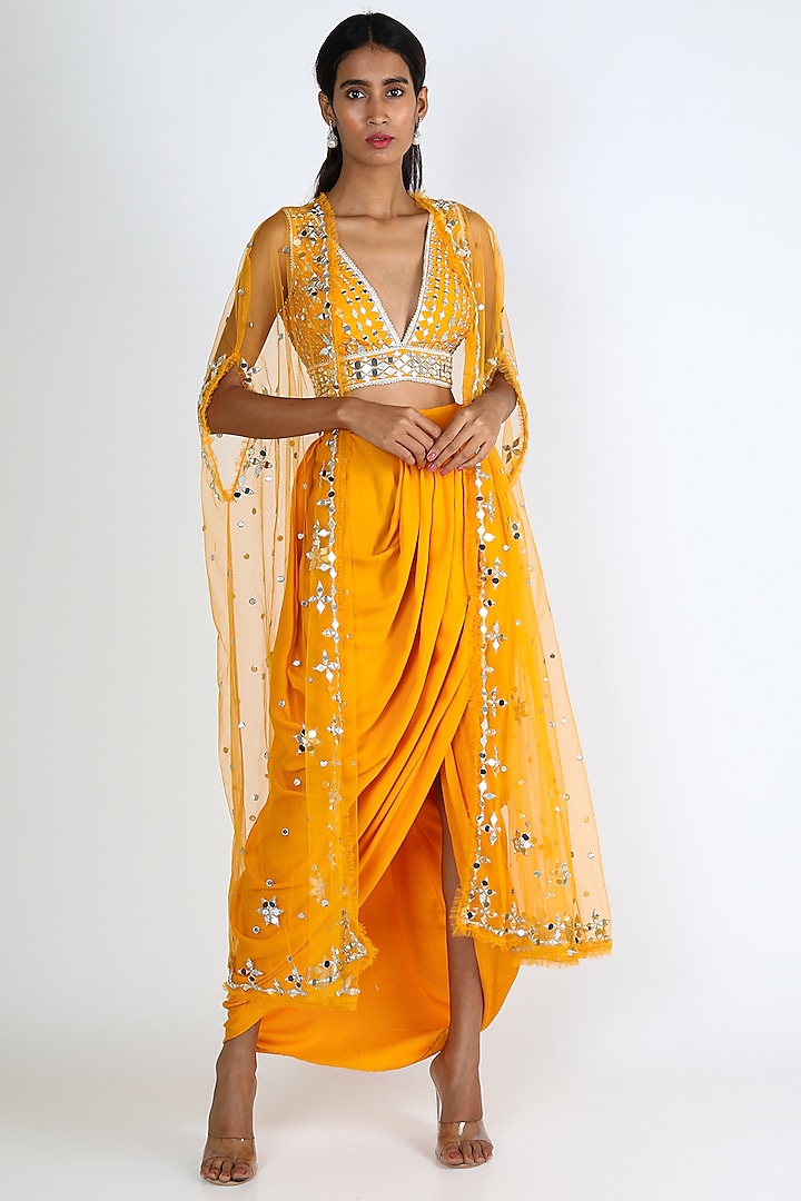 Yellow Embroidered Dhoti Skirt Set by Preeti S Kapoor