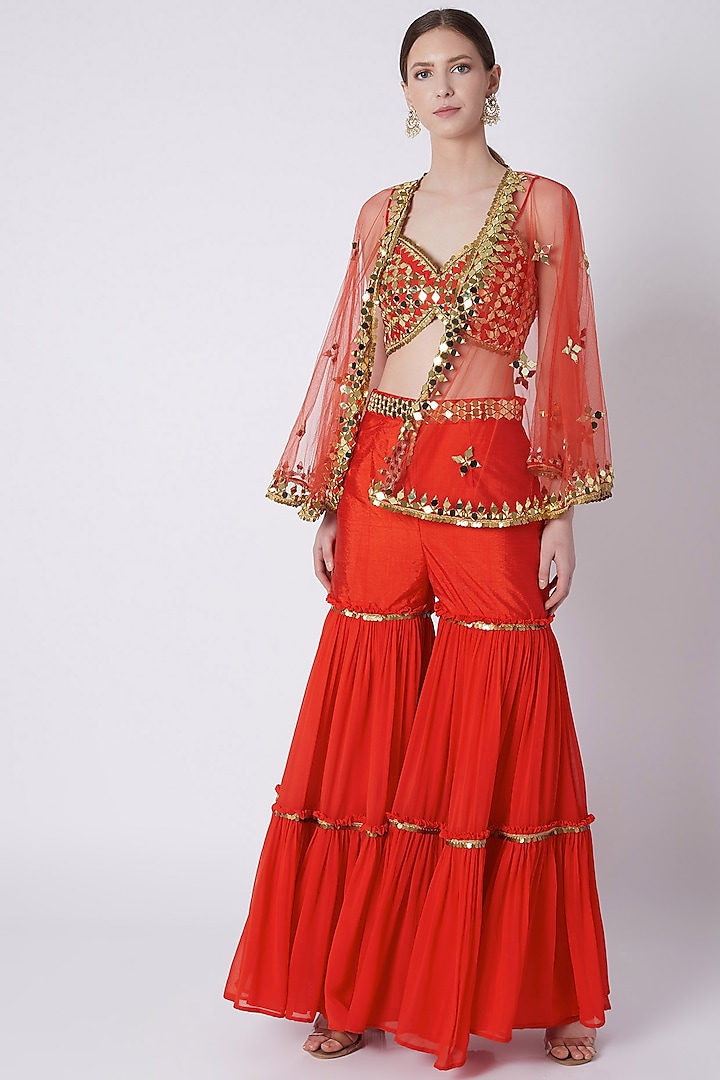 Red Embroidered Gharara Set by Preeti S Kapoor