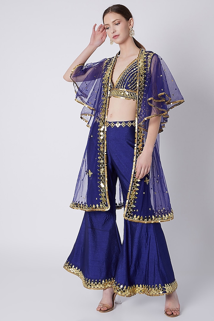 Royal Blue Mirrors Embroidered Cape Set by Preeti S Kapoor