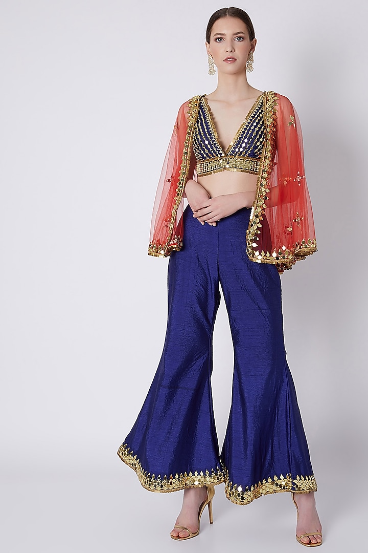 Royal Blue & Red Embroidered Cape Set by Preeti S Kapoor