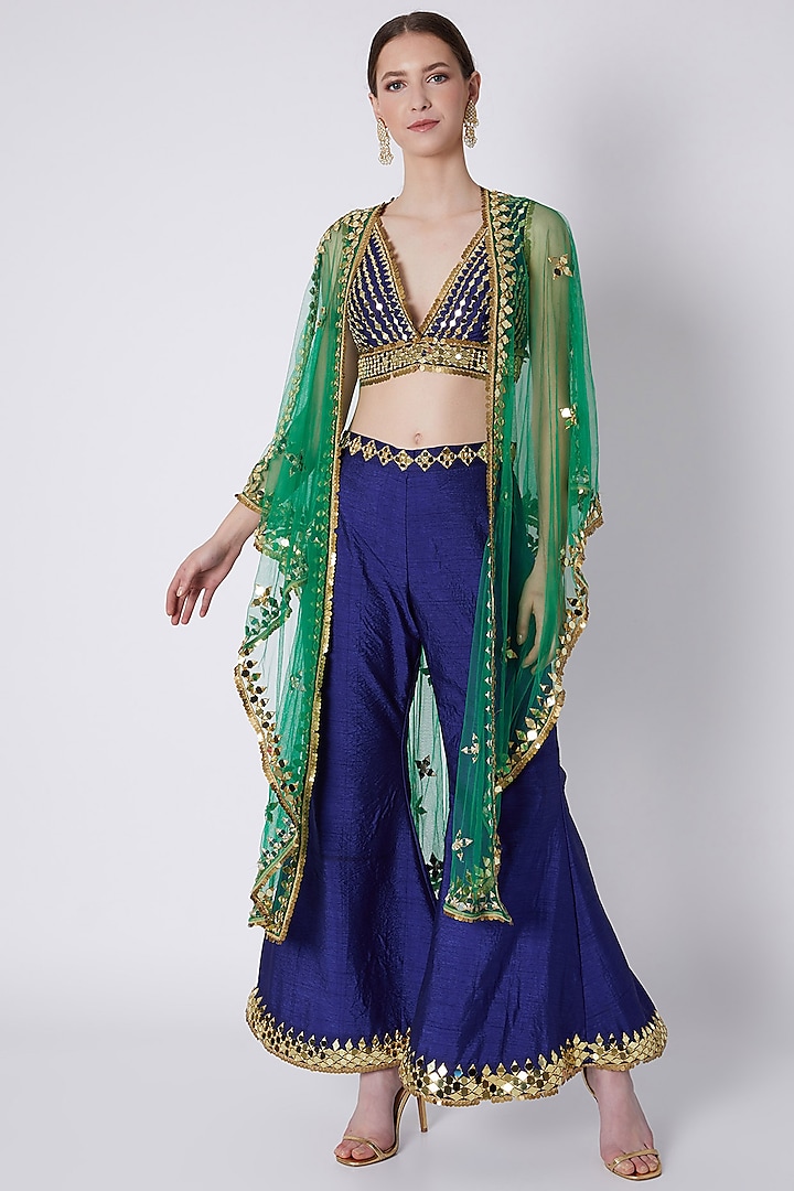 Royal Blue & Emerald Green Embroidered Cape Set by Preeti S Kapoor