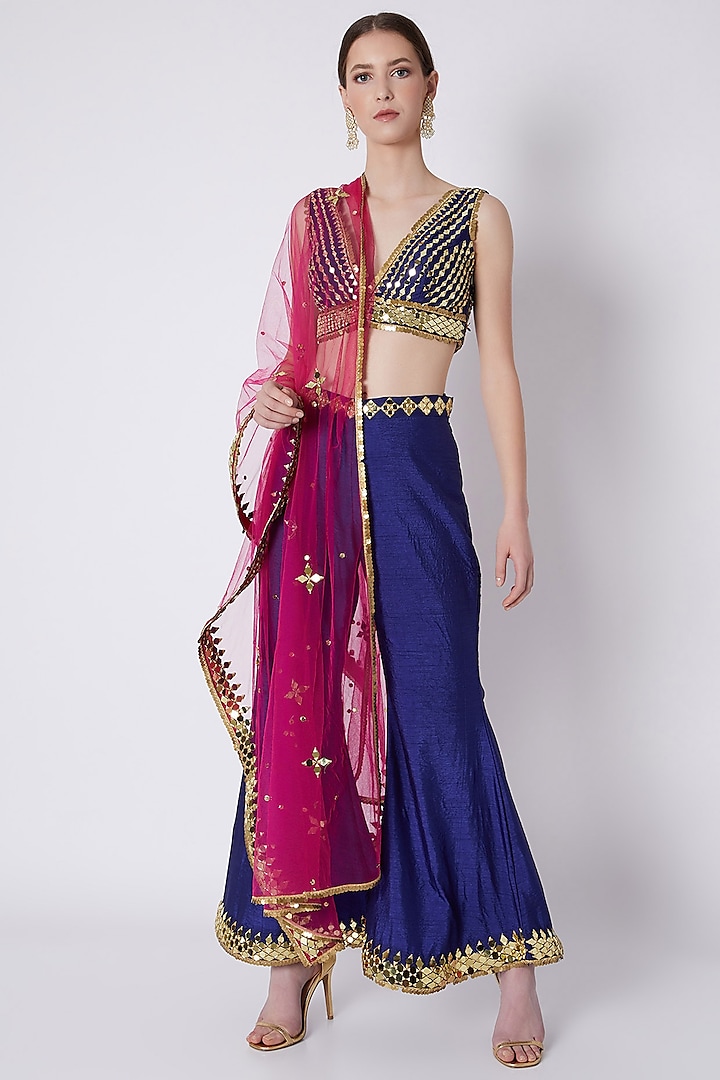 Royal Blue Embroidered Blouse With Bell Bottoms & Dupatta by Preeti S Kapoor