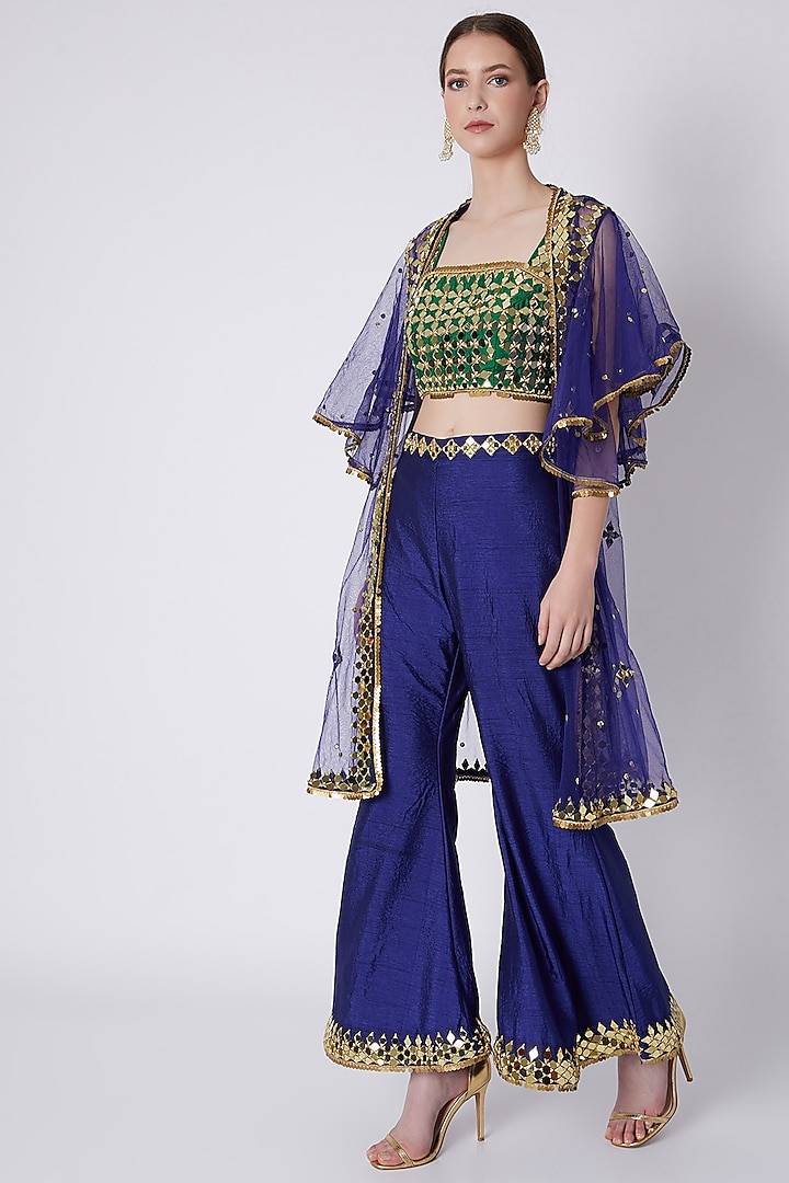 Green & Blue Embroidered Cape Set by Preeti S Kapoor
