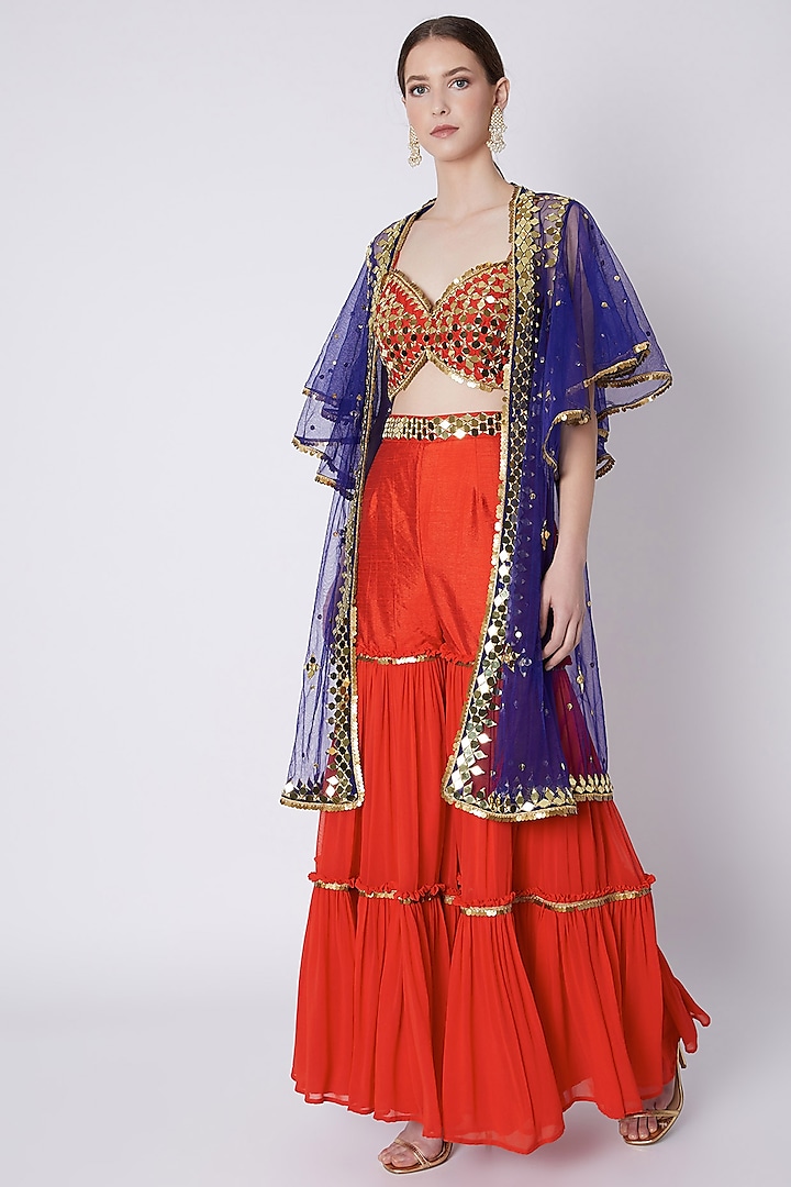 Red & Blue Embroidered Gharara Set by Preeti S Kapoor