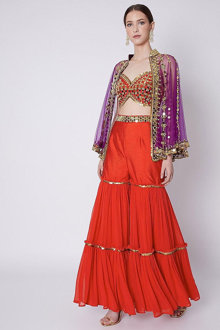 Red & Mauve Embroidered Gharara Set by Preeti S Kapoor