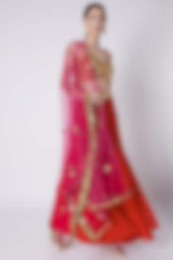Red & Fuchsia Embroidered Gharara Set by Preeti S Kapoor