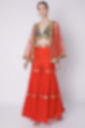 Blue & Red Mirrors Embroidered Gharara Set by Preeti S Kapoor