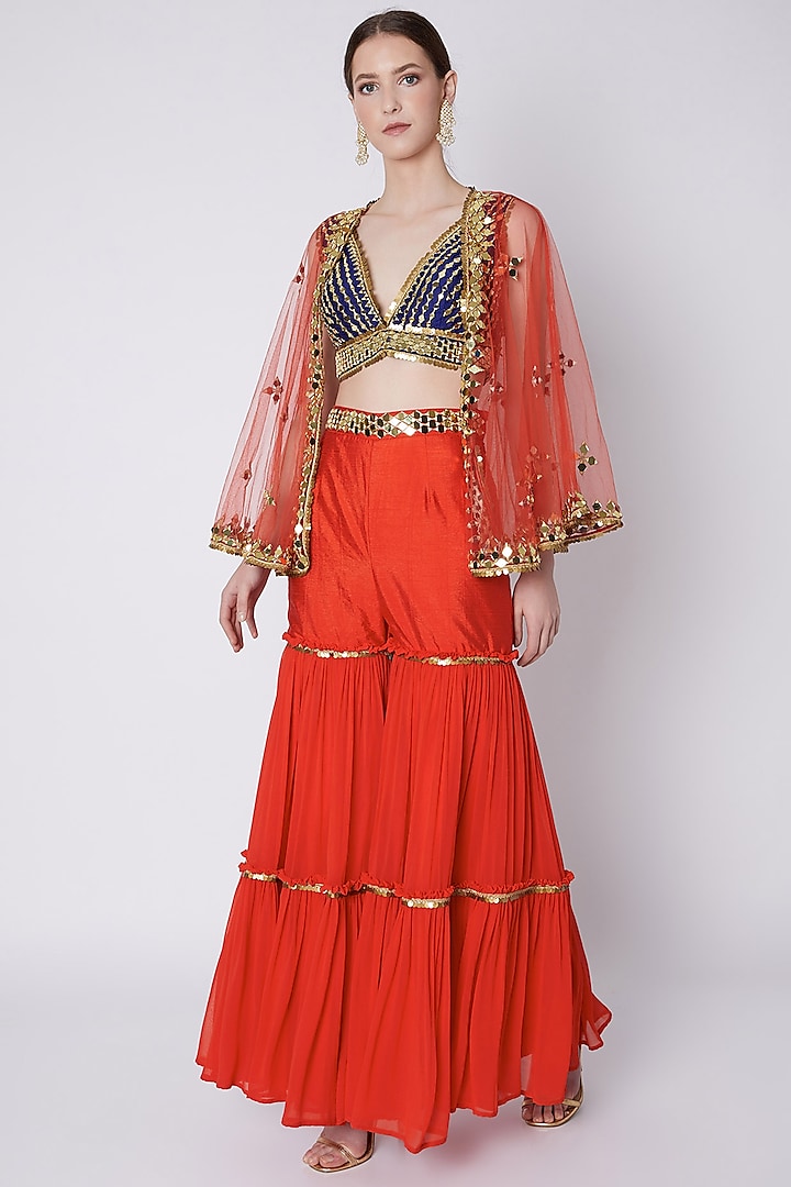 Blue & Red Mirrors Embroidered Gharara Set by Preeti S Kapoor at Pernia's Pop Up Shop