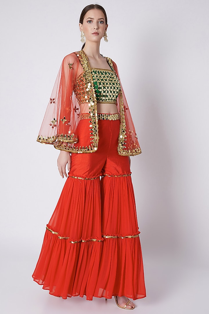 Green & Red Mirrors Embroidered Gharara Set by Preeti S Kapoor