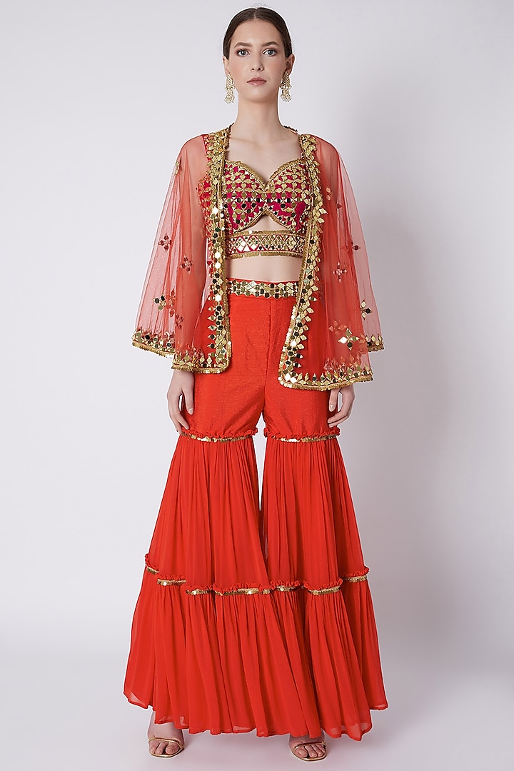 Red Mirrors Embroidered Gharara Set by Preeti S Kapoor