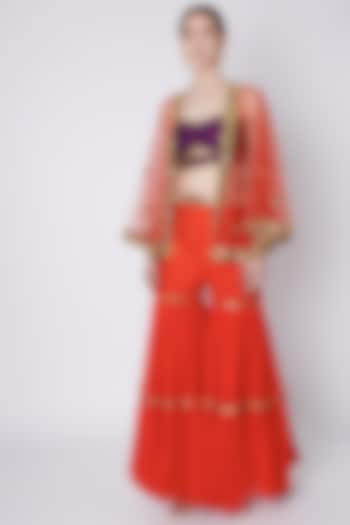 Deep Mauve & Red Embroidered Gharara Set by Preeti S Kapoor