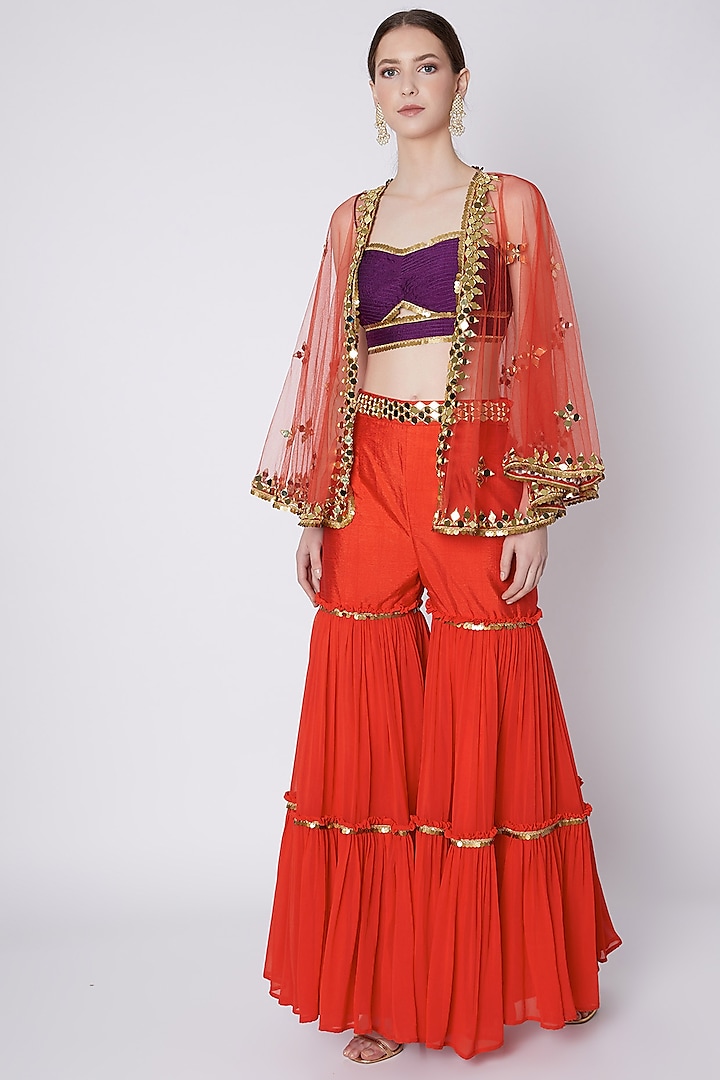 Deep Mauve & Red Embroidered Gharara Set by Preeti S Kapoor at Pernia's Pop Up Shop