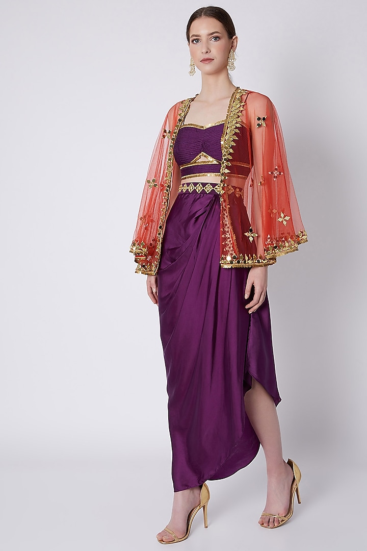 Purple & Red Embroidered Skirt Set by Preeti S Kapoor