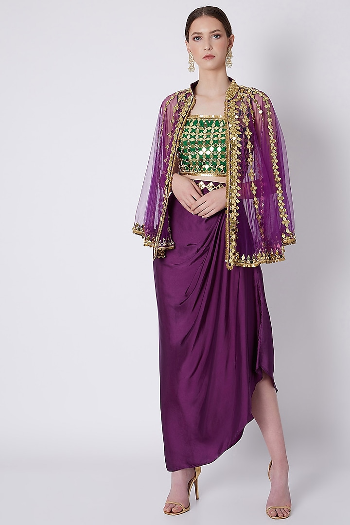 Green & Purple Embroidered Skirt Set by Preeti S Kapoor
