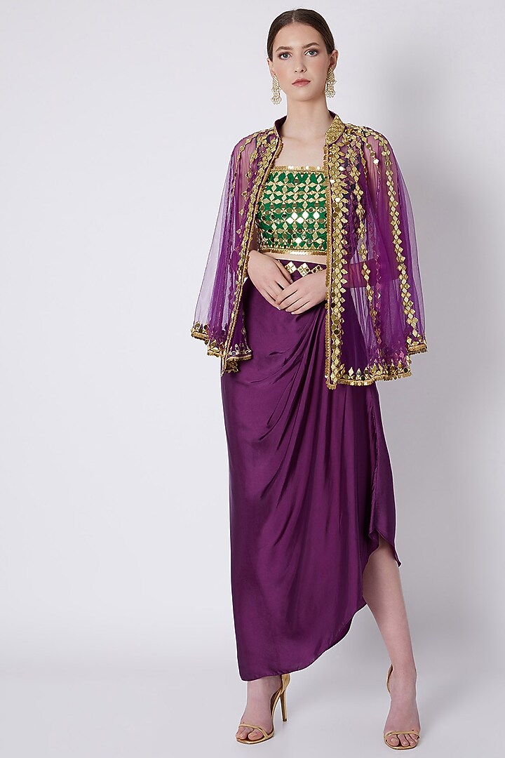 Purple Satin Embroidered Skirt Set by Preeti S Kapoor at Pernia's Pop Up Shop