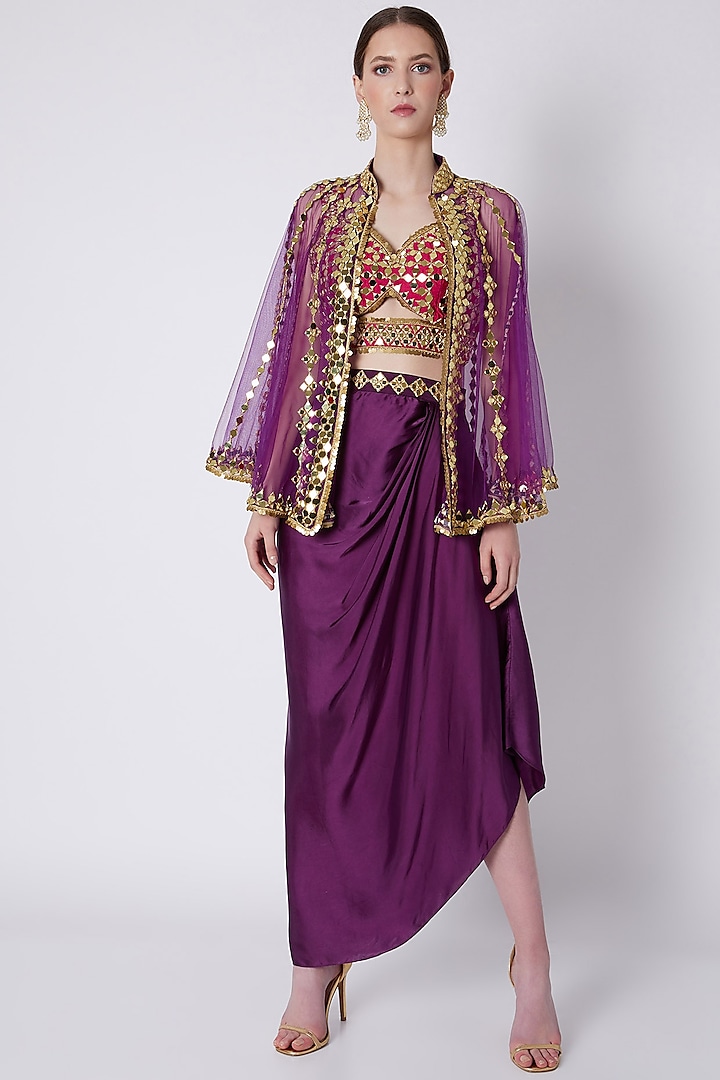 Purple & Red Mirrors Embroidered Skirt Set by Preeti S Kapoor
