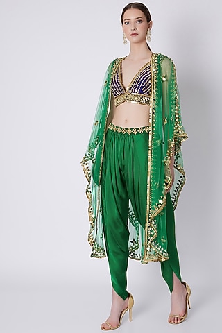 Green & Blue Embroidered Dhoti Set by Preeti S Kapoor