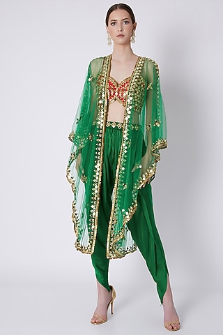 Green & Red Mirrors Embroidered Dhoti Set by Preeti S Kapoor
