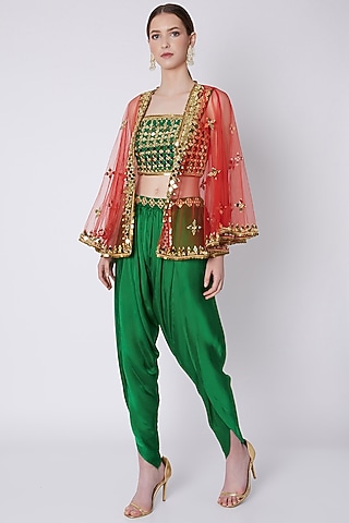 Green & Red Embroidered Dhoti Set by Preeti S Kapoor