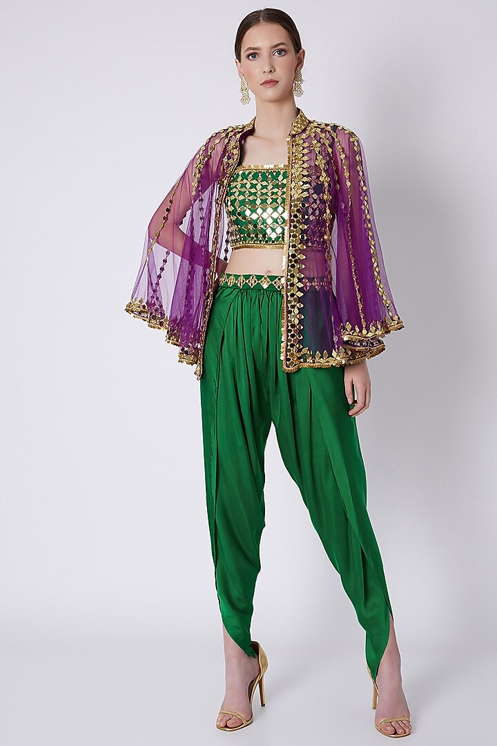 Green & Purple Embroidered Dhoti Set by Preeti S Kapoor