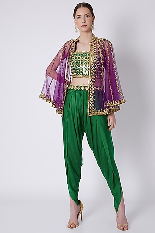 Green & Purple Embroidered Dhoti Set by Preeti S Kapoor