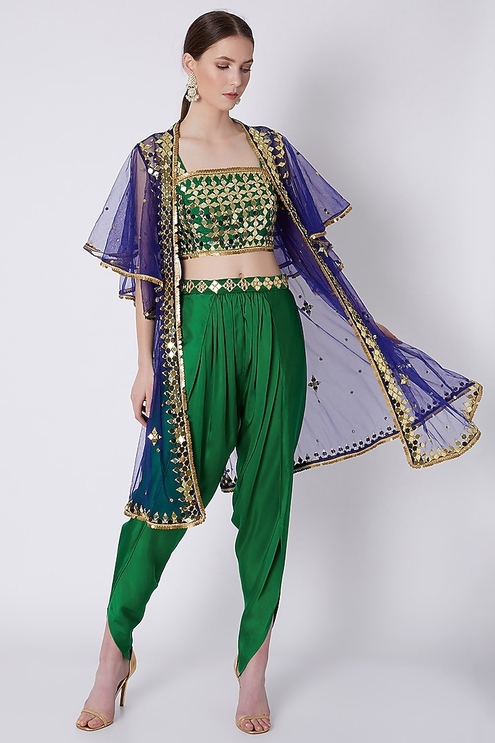 Green & Blue Mirrors Embroidered Dhoti Set by Preeti S Kapoor