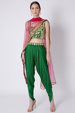 Green & Fuchsia Embroidered Dhoti Set by Preeti S Kapoor