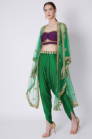 Green & Purple Embroidered Dhoti Set by Preeti S Kapoor