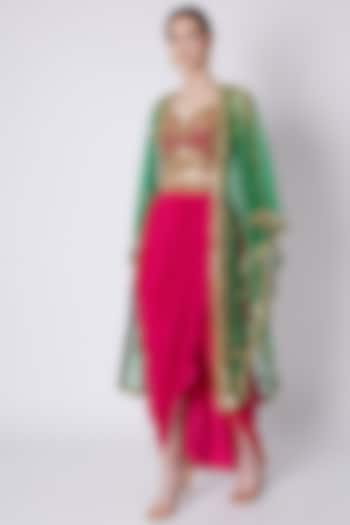 Red & Green Embroidered Skirt Set by Preeti S Kapoor