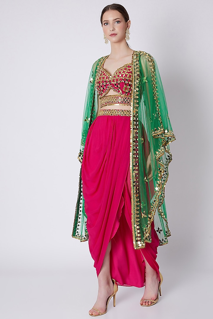 Red & Green Embroidered Skirt Set by Preeti S Kapoor