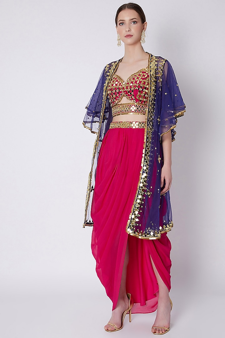 Fuchsia & Blue Mirrors Embroidered Skirt Set by Preeti S Kapoor